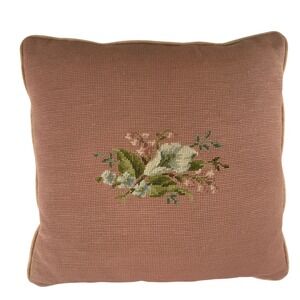 Vintage Needlepoint Floral Pillow Rose Pink Velvet Back Accent Pillow‎ 16 x 16